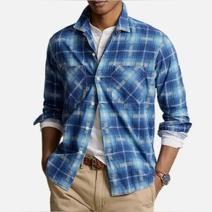 $168 Polo Ralph Lauren Blue Plaid Button Down Camp Shirt Mens Large